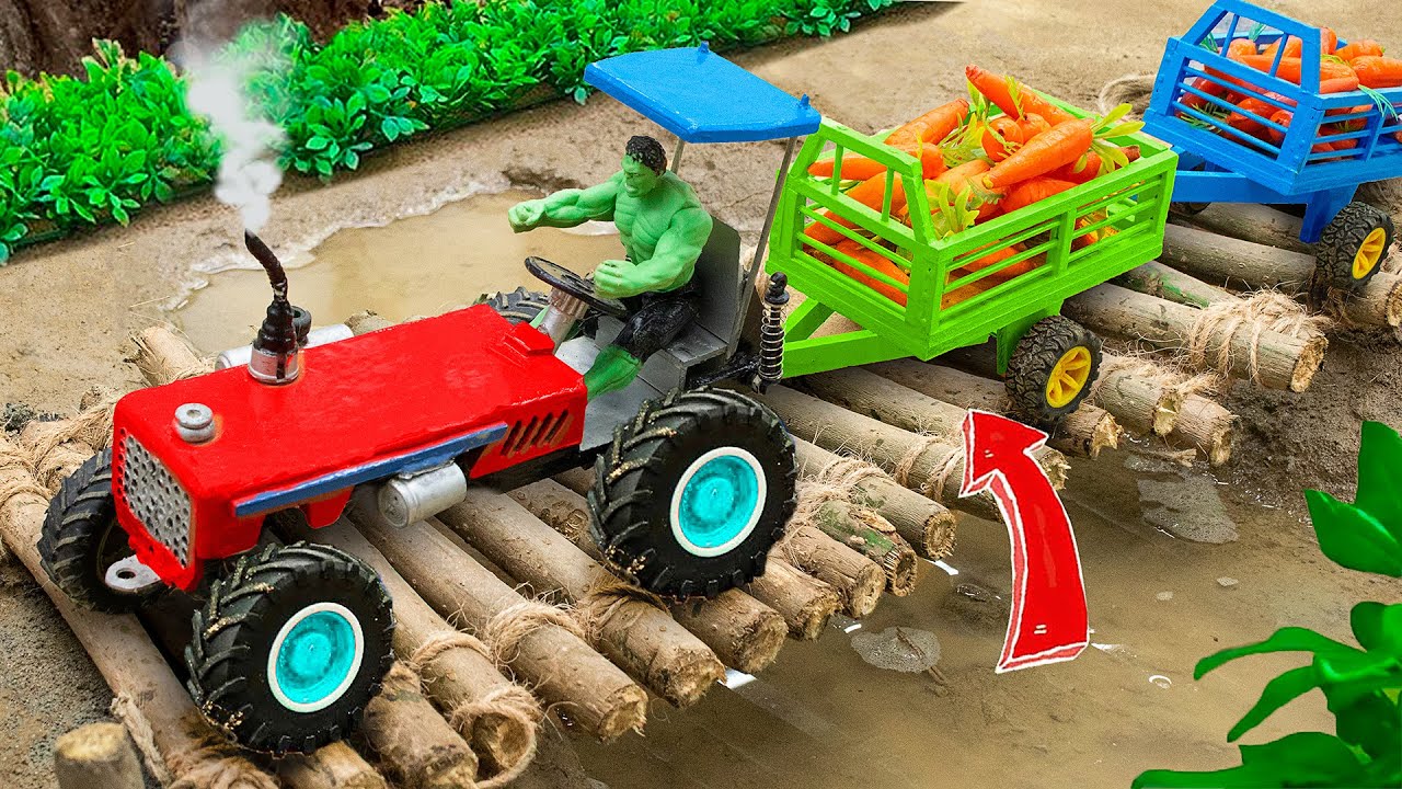 Diy tractor making mini wooden bridge very unique | Diy tractor with trailer full fruit | @Sunfarm