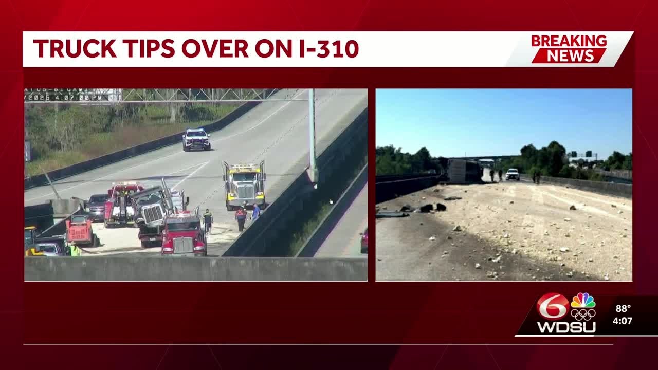 Overturned truck sends gravel across Interstate 310 in St. Charles Parish