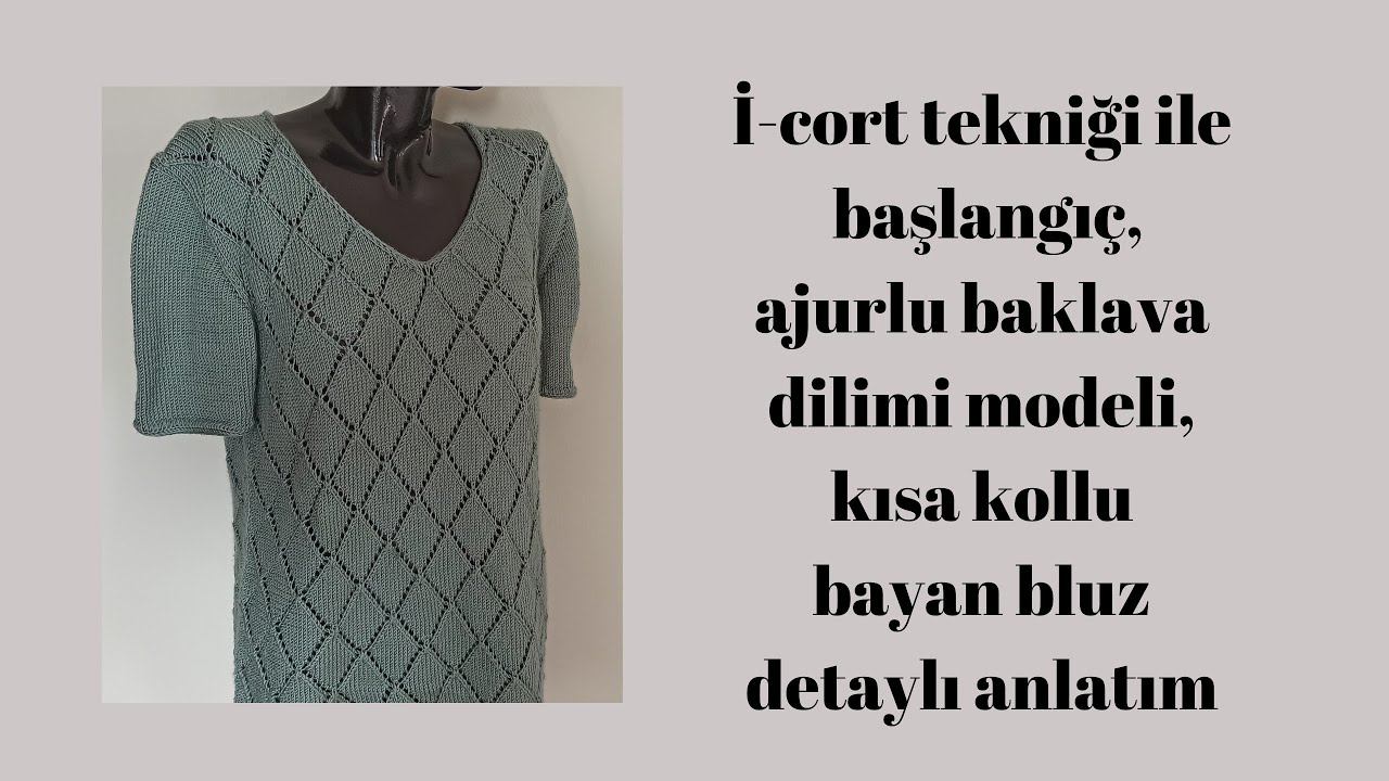 Baklava dilimi desenliajurlu,kısa kollu ve V yakalıbluzyapımı short sleeve knit blouse, argyle print