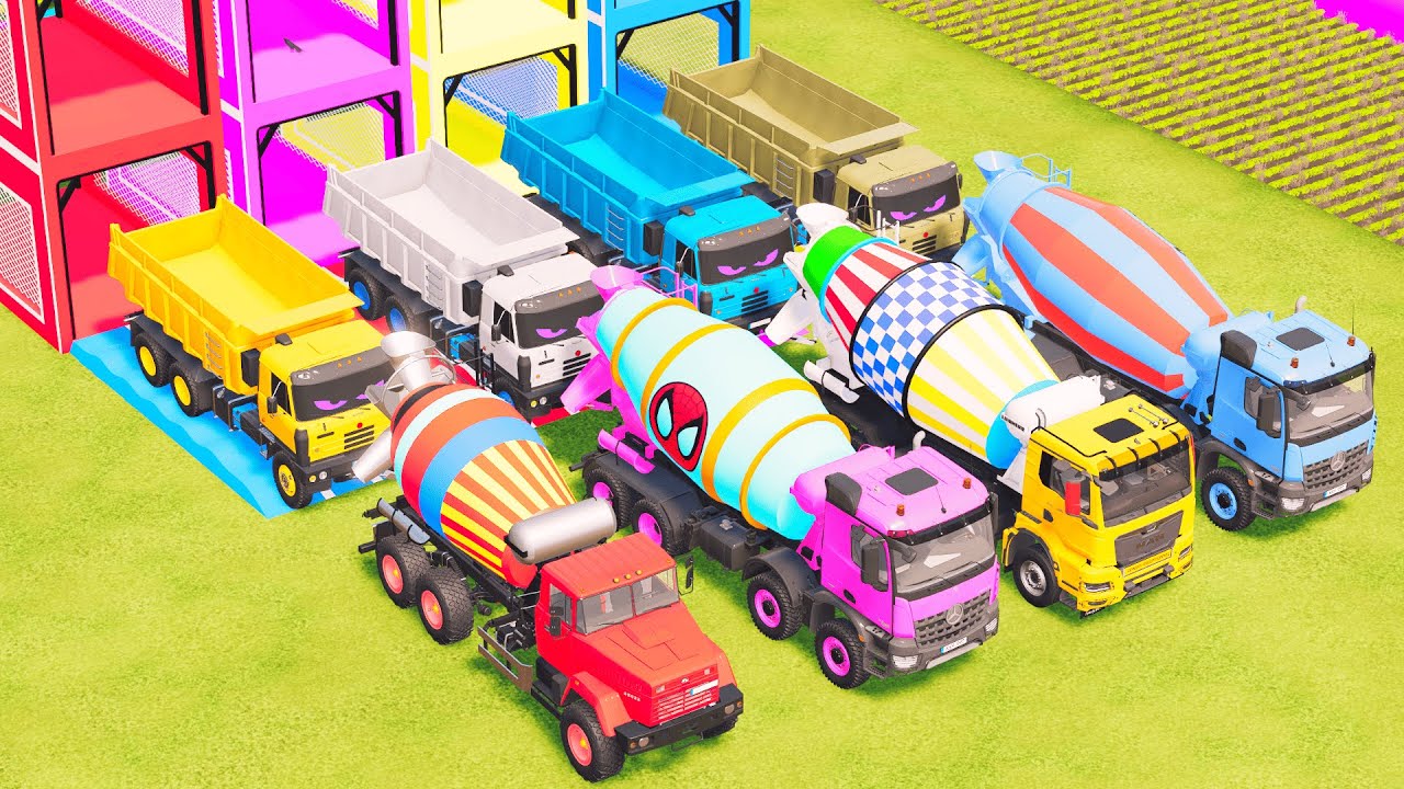 Garage with Colors ALL MIXER TRUCK WITH DOUBLE FLATBED TRAILER TRUCK, KAMAZ, IVECO,  MACK FS22 #4