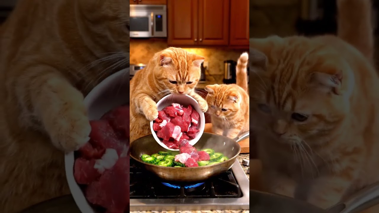 Orange Cats Cook Together! 🧡 Mother Cat & Kitten Make Bitter Melon Stir Fry 