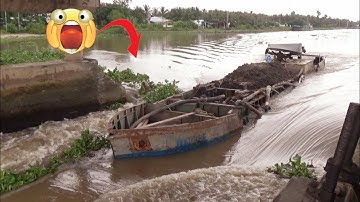 Thủy triều lên mạnh sà lan chở cát khẩm vượt cống kịch tính.!