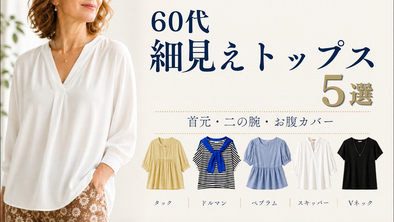 【シニアファッション】50代60代の夏の細見え神トップス5選|首元・二の腕・お腹カバー