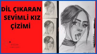 Dil çıkaran güzel kız çizimi |soft( beyaz )pastel tekniği ile etkisi screenshot 2