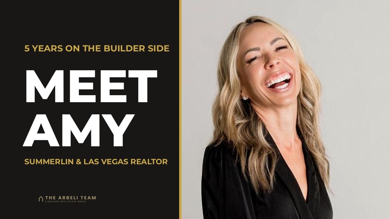 Amy Arbeli laughing in a black blouse next to the words Meet Amy, 5 years on the builder side, Summerlin and Las Vegas REALTOR, on a black Arbeli Team title card