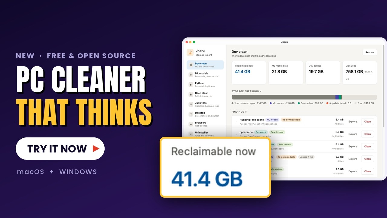 Jharu demo — scanning and cleaning developer caches