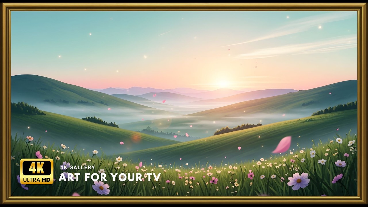 Golden morning light over open fields. Transform your Frame TV into a peaceful countryside gallery