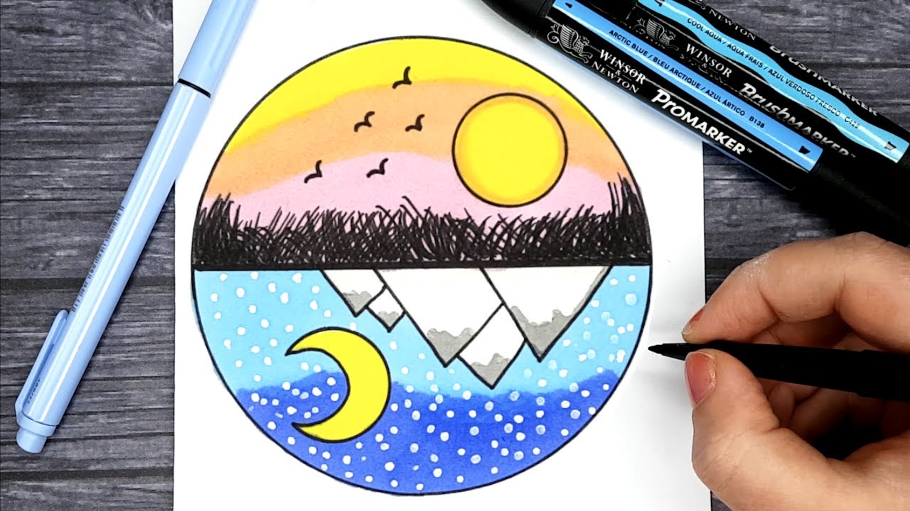 HOW TO DRAW A SCENERY EASY AND STEP BY STEP - DRAWING INTO CIRCLE