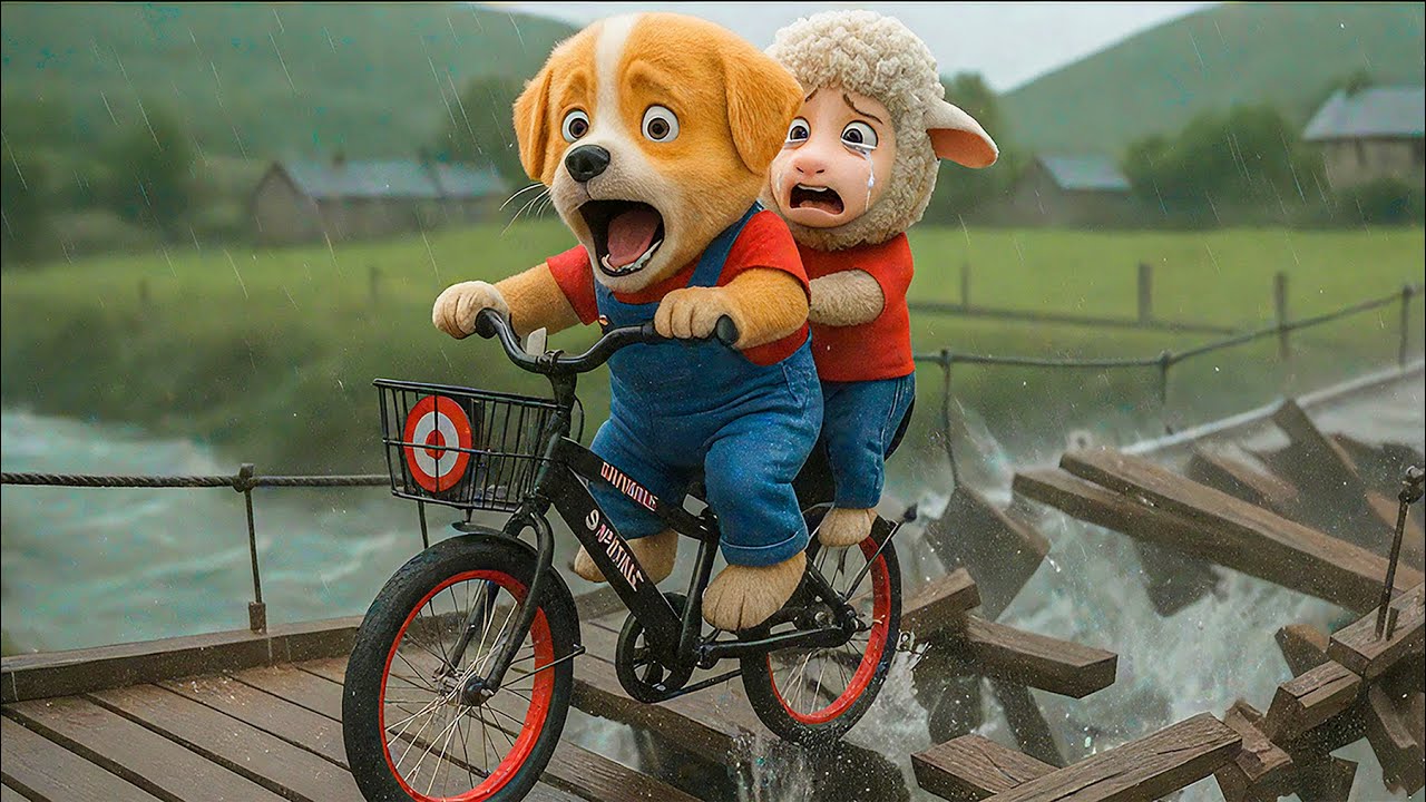 Baby Puppy Fights to Rescue Lamb Stuck On Bridge 🐑🌧️  Becomes a Hero After Storm Rescue 🚴❤️