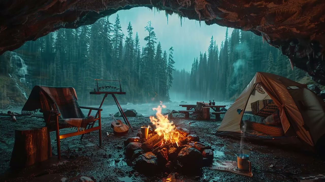 Schlafen mit Regen ASMR – 8 Stunden Höhlenatmosphäre mit Feuer Deutsch