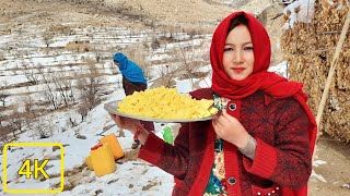 Afghanistan Village Life in cold snowy weather|Cooking potato soup|4K