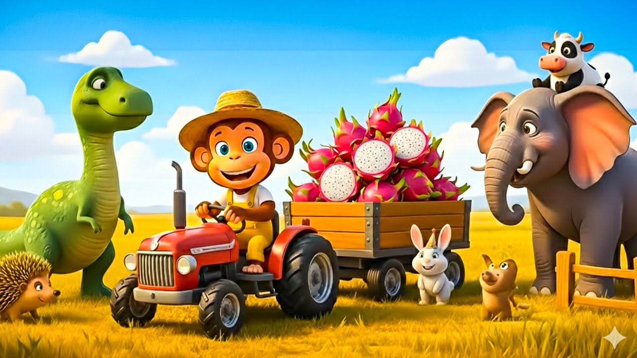 👉 Monkey Farmer Fixes the Tractor and Harvests Fresh Dragon Fruit – Farm Work | Funny Monkey Kids!🐒🌵