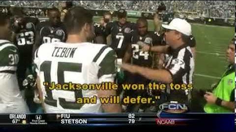 Tim Tebow pre-game coin toss captain fail (New York Jets vs. Jacksonville Jaguars)