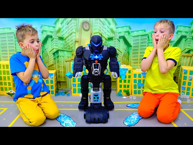 Vlad and Niki play with Bat-Tech BatBot kids toy and save the city class=