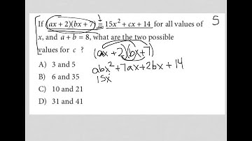 If (ax + 2)(bx + 7) = 15x^2 + cx + 14 for all values of x, and a + b = 8, what are the two possible