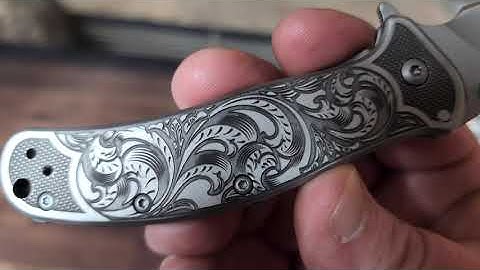 Kershaw 1730SS Folding Pocket Knife Laser Engraving Hand Drawn Scrollwork by Fragout Design Studios