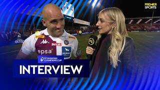Lauren Salter gets the thoughts of Bordeaux Bègles' Maxime Lucu after draw in Gloucester