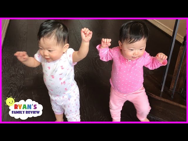 Twin Babies Walking for the First Time! Family Fun Daily Vlog with Ryan's Family Review class=