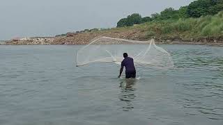 An amateur fish hunter is hunting fish in river by using cast net