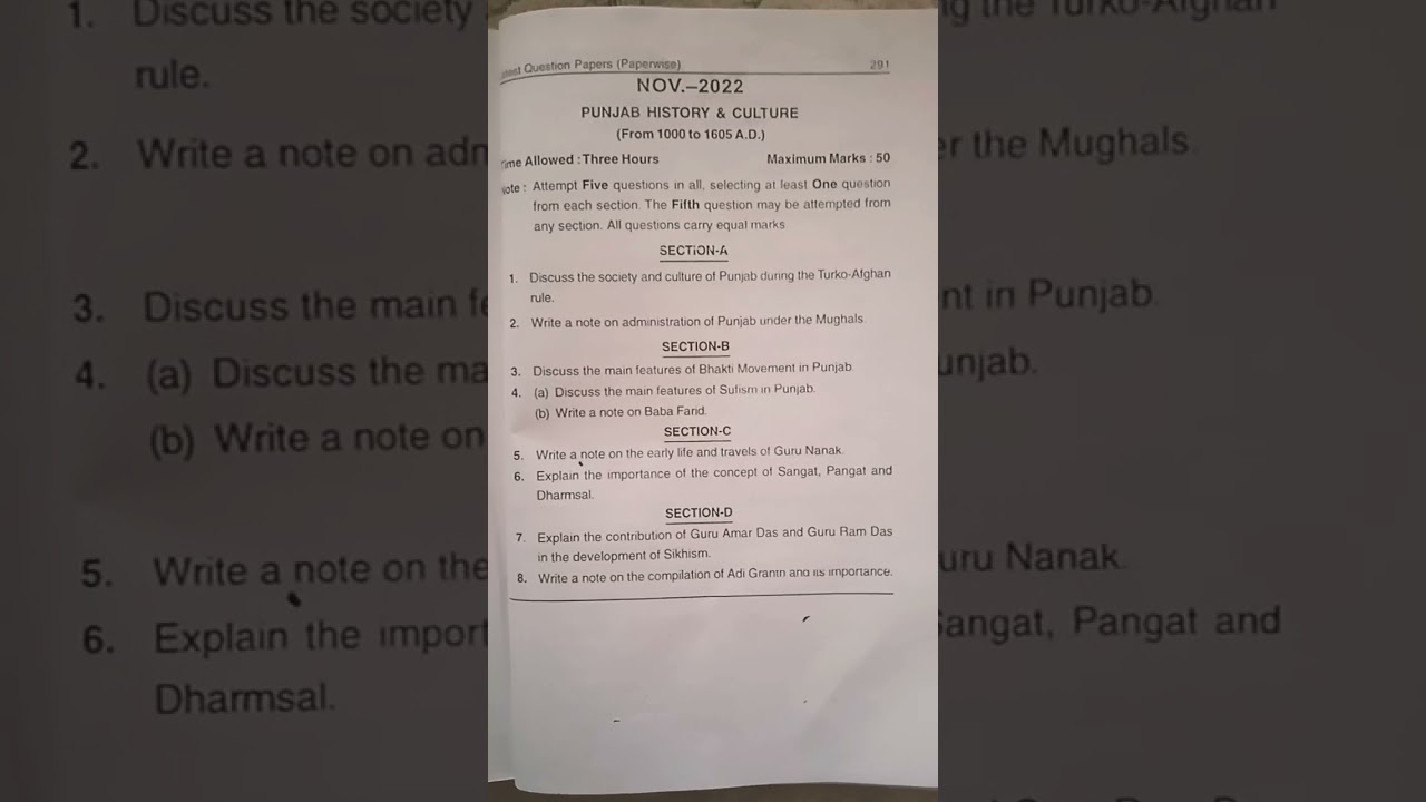 2022 Bcom 3rd semester Punjab History and Culture GNDU QUESTION PAPER