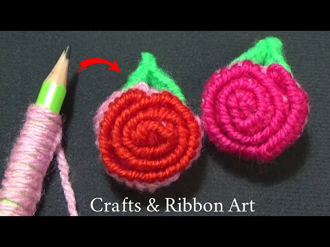 Super Easy Rosebud Making Idea with Pencil - Hand Embroidery Amazing Trick - DIY Woolen Flowers
