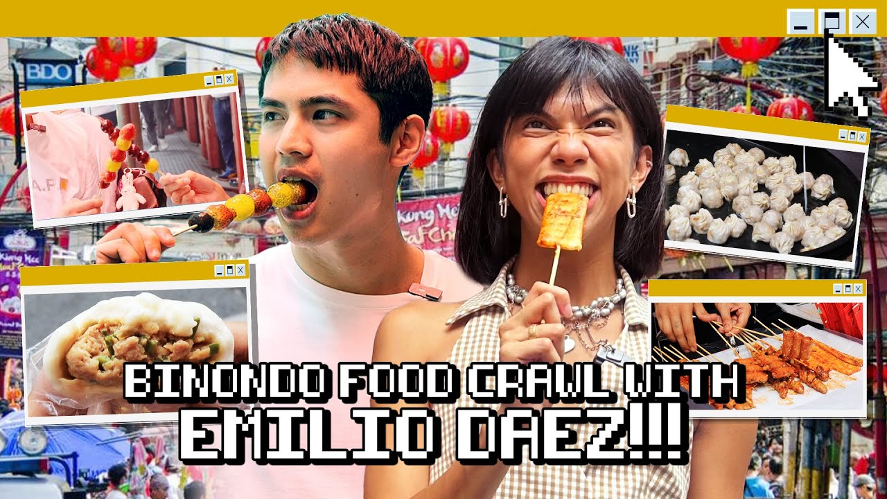 Two people enjoying street food in a vibrant market, surrounded by images of dumplings and skewers. Bold text reads "Binondo Food Crawl with Emilio Daez."
