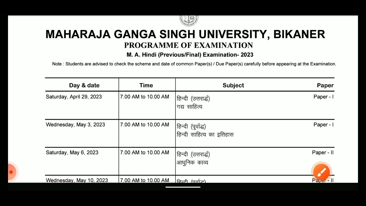 Mgsu @Pg class time table M.a /M.com/M.sc download ase kre