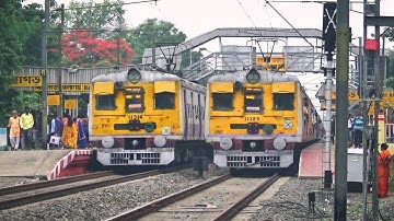 Similar looking old model twin EMU local train parallel crossing | भारतीय रेलवे