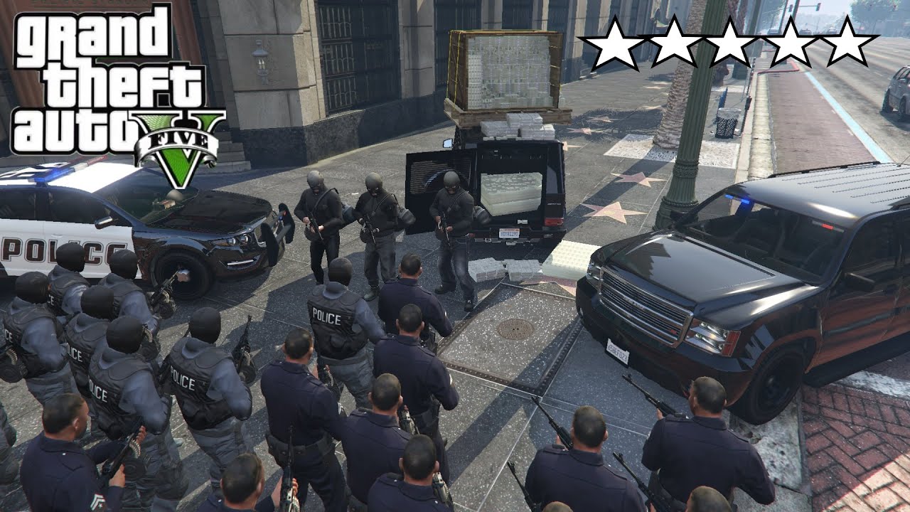 GTA 5 Bank Robbery with Michael Franklin Trevor FIVE STAR COP BATTLE ...