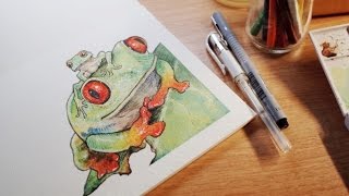 watercolor frog koi sakura painting tree eyed