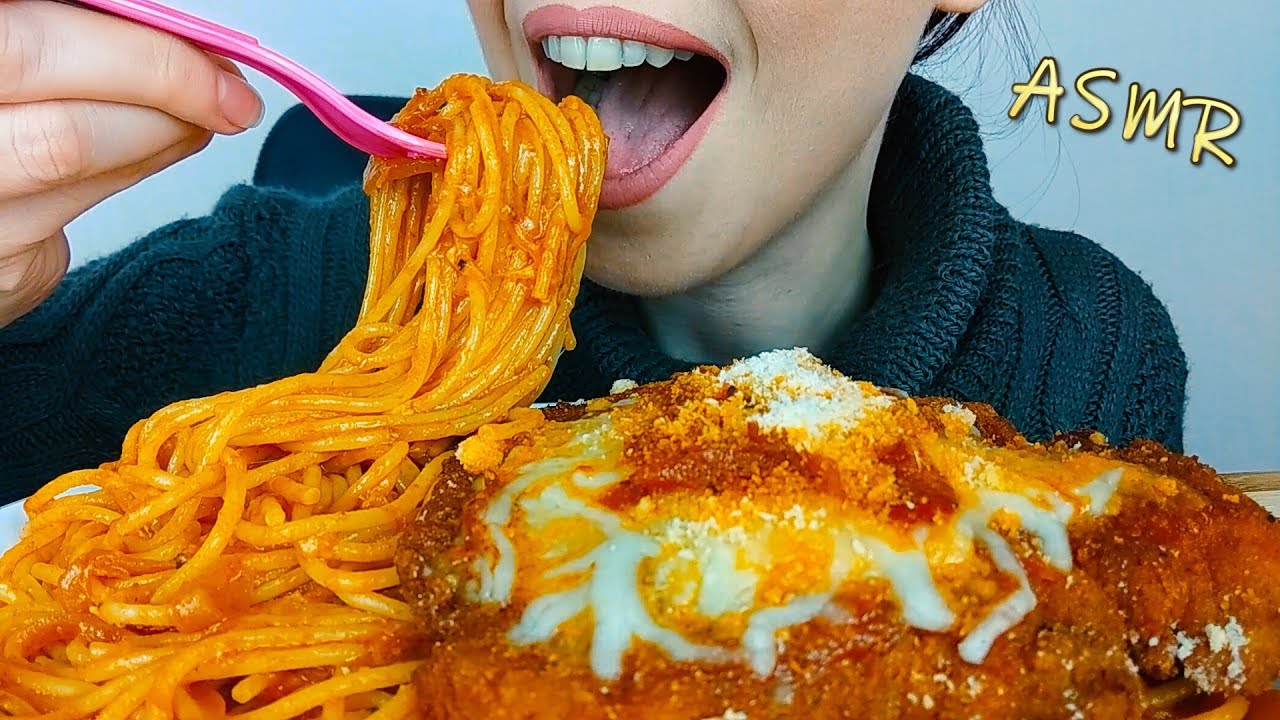 ASMR eating: Chicken Parmesan & Spaghetti in Marinara Sauce | No Talking