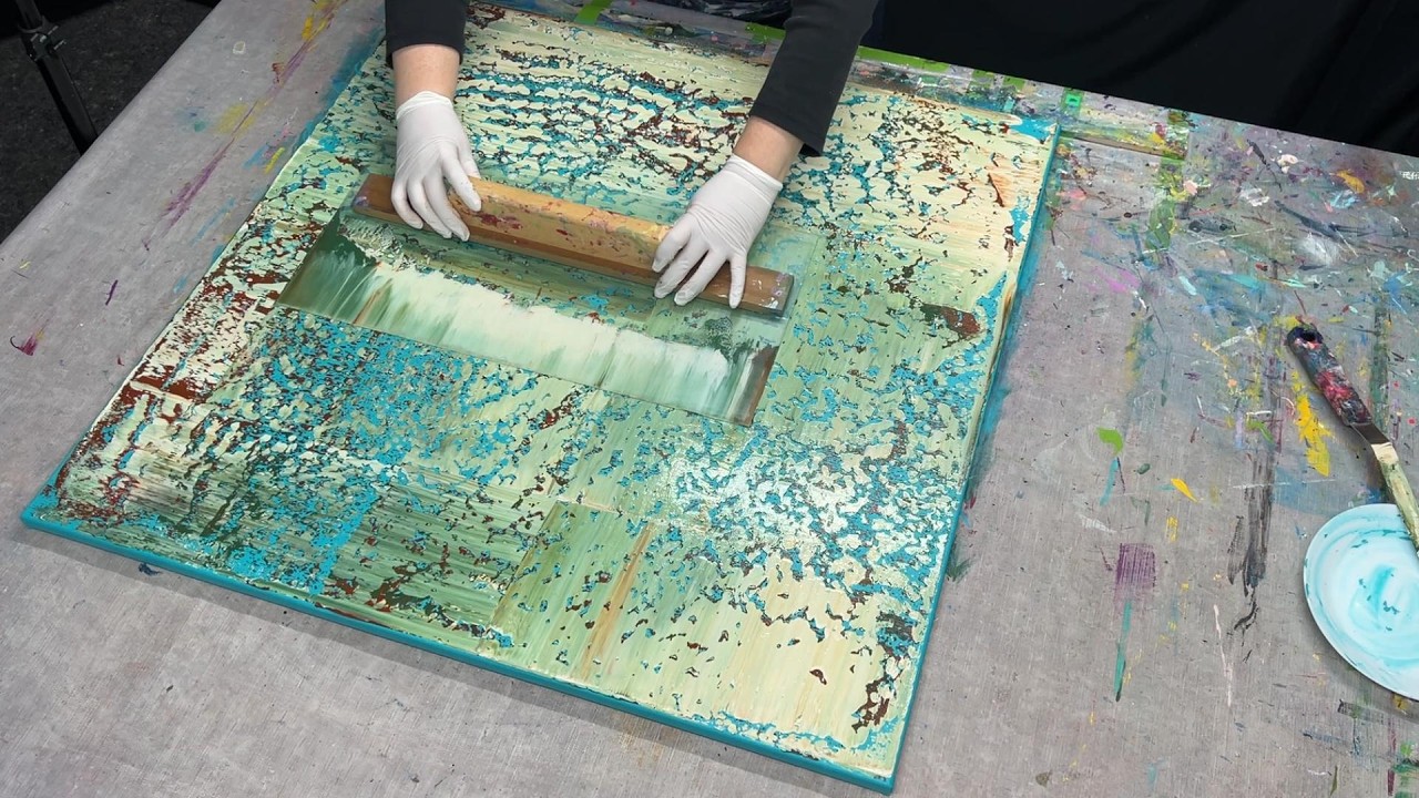 Rakeltechnik nach Gerhard Richter | abstrakte Acrylmalerei mit Rost & Patina auf großer Leinwand