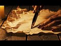 Unfolding Wrinkled Parchment Shot: Close, cinematic macro of ancient parchment resting on a woo...