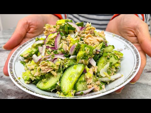 Delicious tuna, avocado and cucumber salad. Easy and healthy salad recipe! ASMR