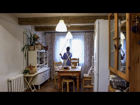 Spring routine in a Cozy tiny House. Family together. Cozy pie and a piece of fabric