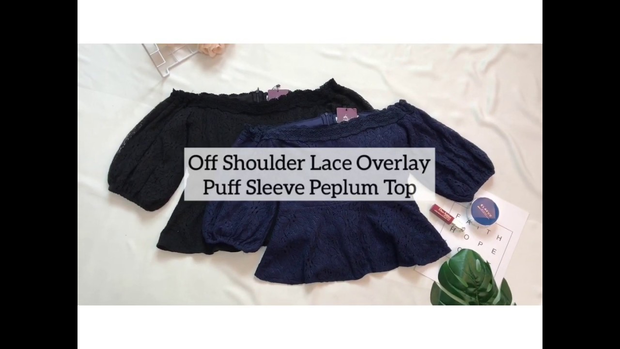 Off Shoulder Lace Overlay Puff Sleeve Peplum Top