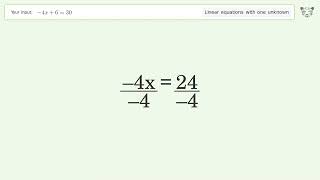 Linear equation with one unknown: Solve -4x+6=30 step-by-step solution