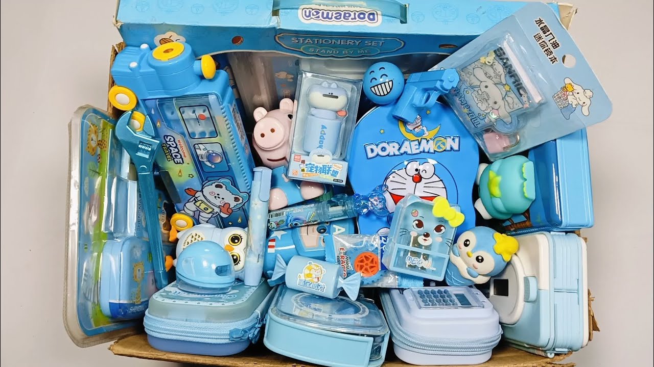 Doremon stationery haul, blue colour stationery, pencil box with calculator, lock diary, eraser, pen