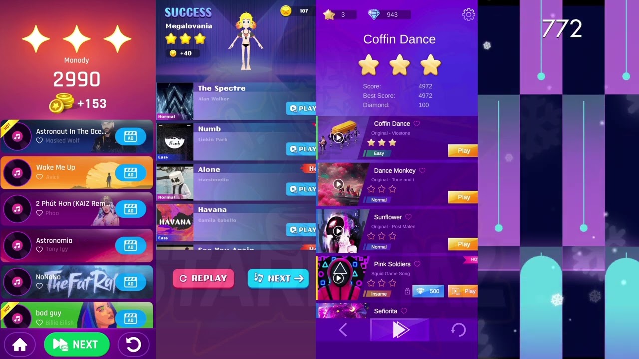 DancingSnake/Monody VS PianoDash/Megalovania VS ColorBallRoller/CoffinDance VS PianoSolo/Canon..!!