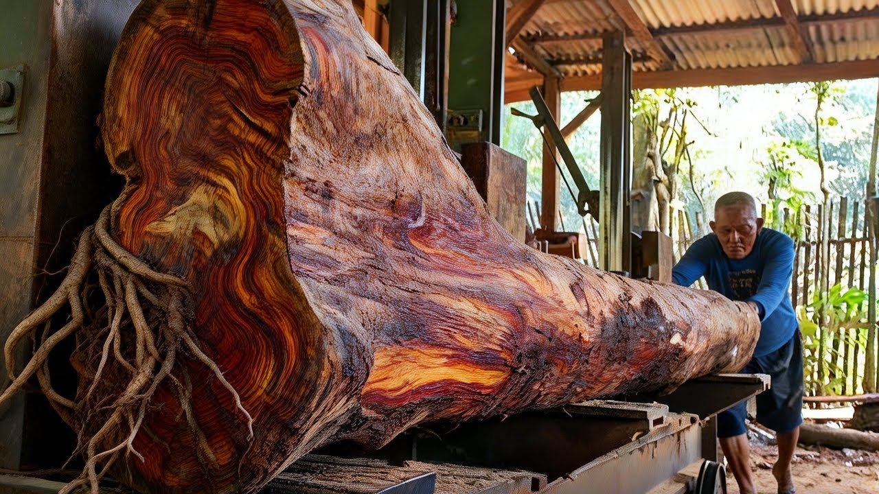 The initial process of sawing exotic teak wood, raw materials for ...