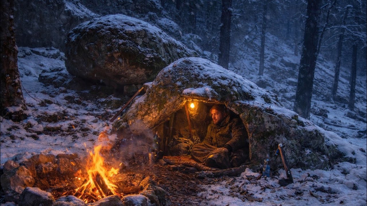 Winter Bushcraft Camping | Survival Shelter Between Two Rocks in Snowy ...