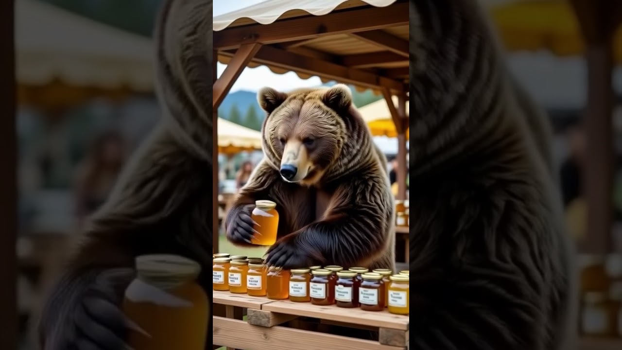 a anthropomorphic grizzly selling honey on a DIY stall