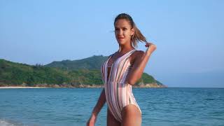 Stripe V-neck One-Piece Swimsuit   AJ136-1