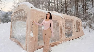 Camping in Snow❄️with 2-Room Inflatable Tent | Camp ASMR