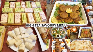 High Tea Savoury Items - Drumsticks-Egg Mayo Sandwich-Bazari Aloo Tikki-Aloo chana Chat-Macaroni