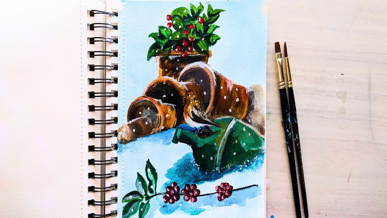 Winter Bird on Flower pots in Snow | acrylic painting for beginners ...
