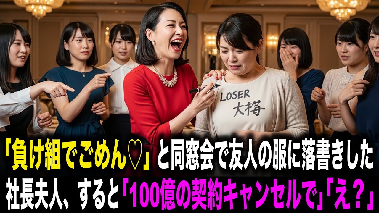 【スカッとする話】「負け組でごめん♡」と同窓会で友人の服に落書きした社長夫人。すると謎の男「100億の契約キャンセルで」社長夫人「え？」