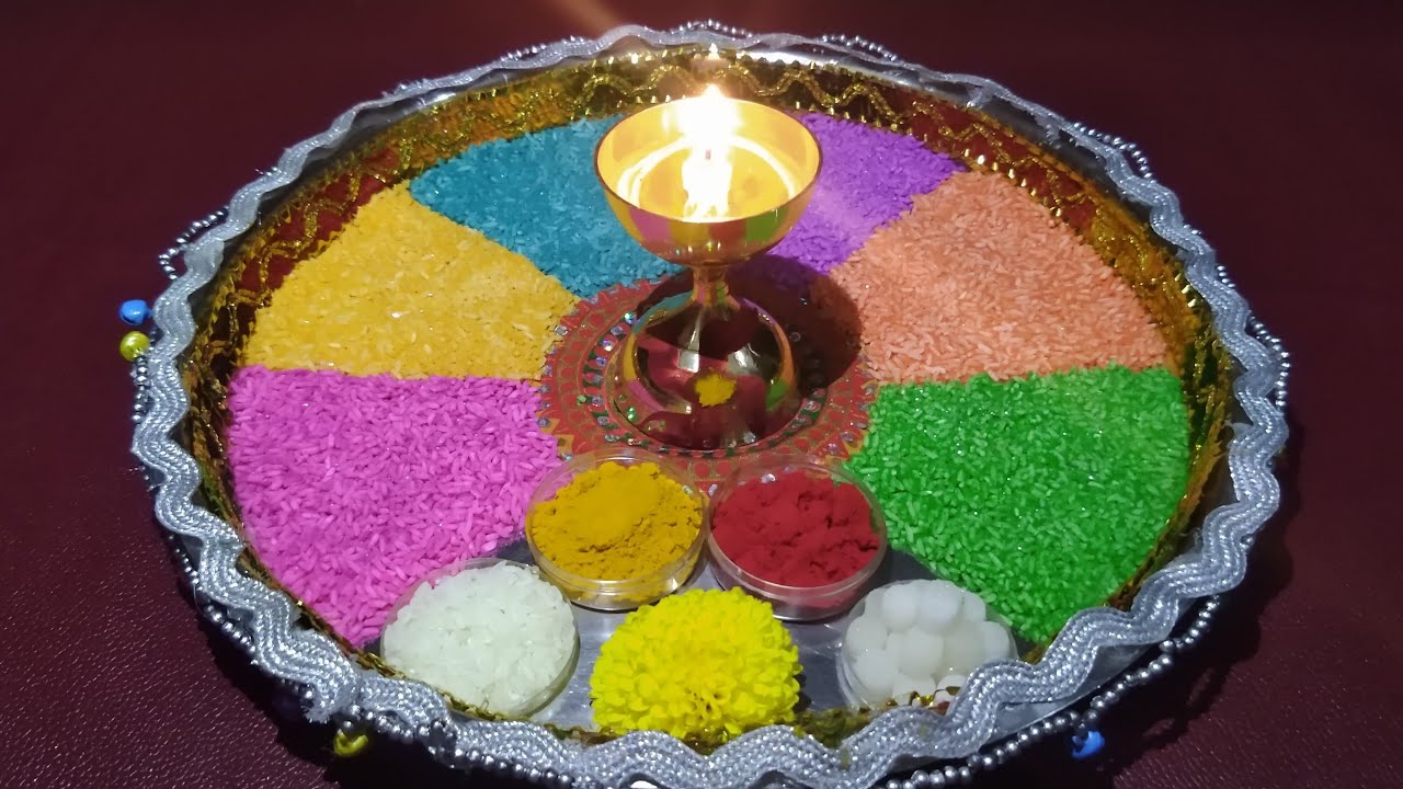 Aarti Thali Decoration With Rice Navratri Special Pooja Thali aarti-thali-decoration-with-rice-navratri-special-pooja-thali