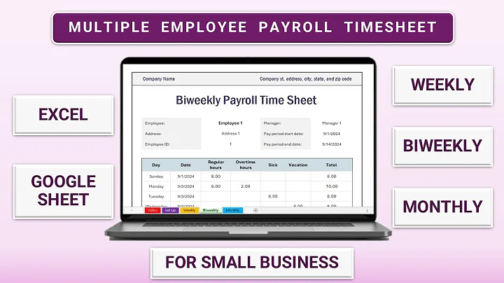 Employee Payroll Timesheet Excel & Google Sheet Template | Weekly, Biweekly, Monthly |Small Business