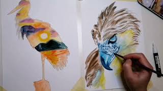 2 Bilder auf einmal malen. Harpyie und Storch, malen, Aquarell Malen. schnell parallel malen